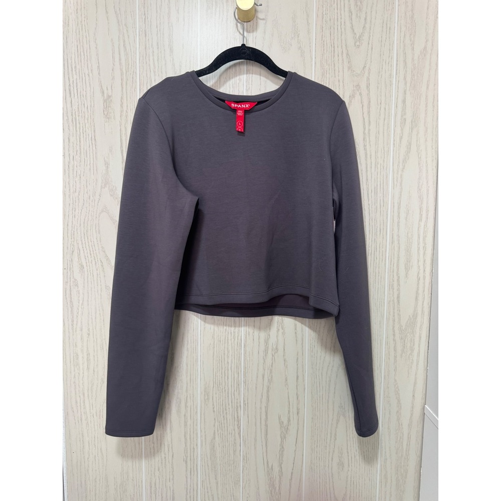 Spanx AirEssentials Long Sleeve Cropped Crew Neck Pullover Gray Purple Large NWT